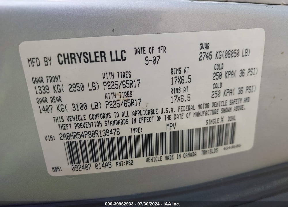 2008 CHRYSLER TOWN & COUNTRY TOURING VIN: 2A8HR54P88R139476