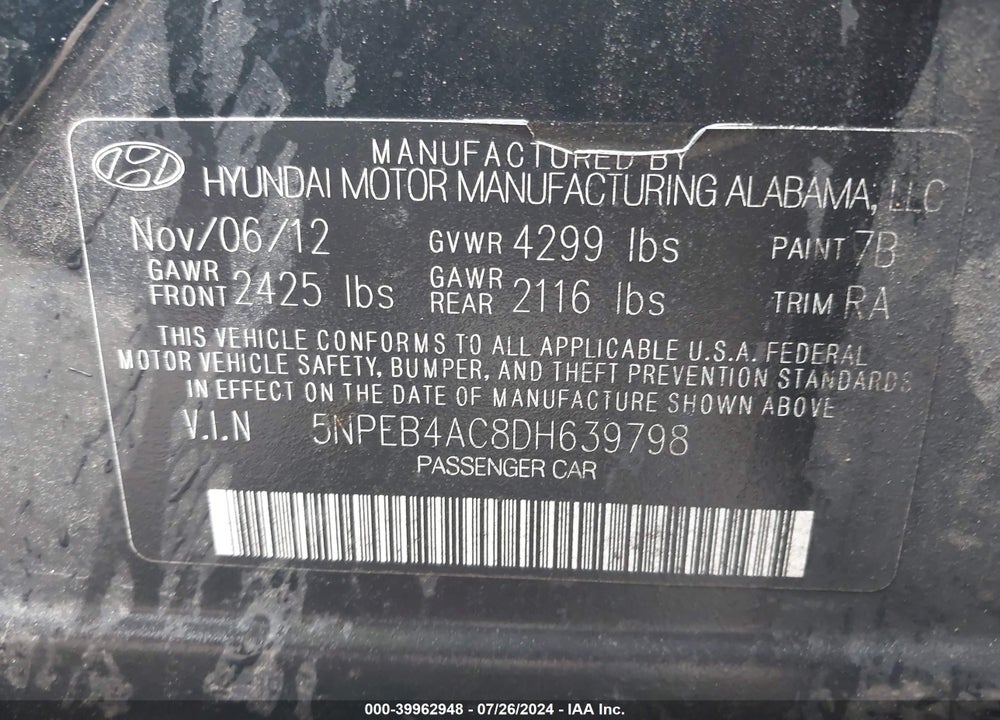 2013 HYUNDAI SONATA GLS VIN: 5NPEB4AC8DH639798