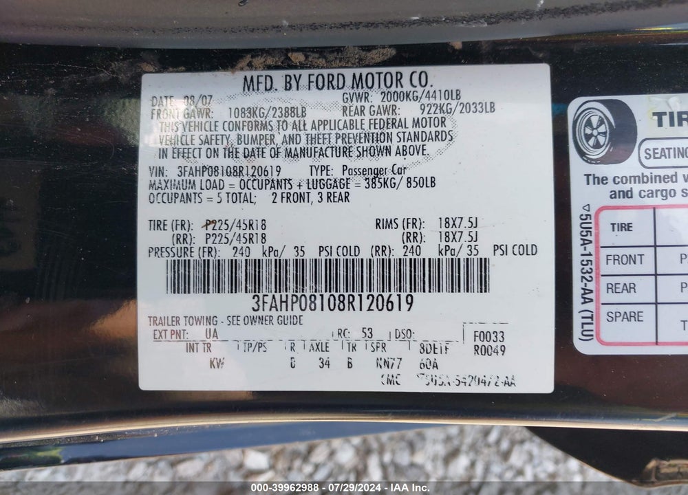 2008 FORD FUSION SEL VIN: 3FAHP08108R120619