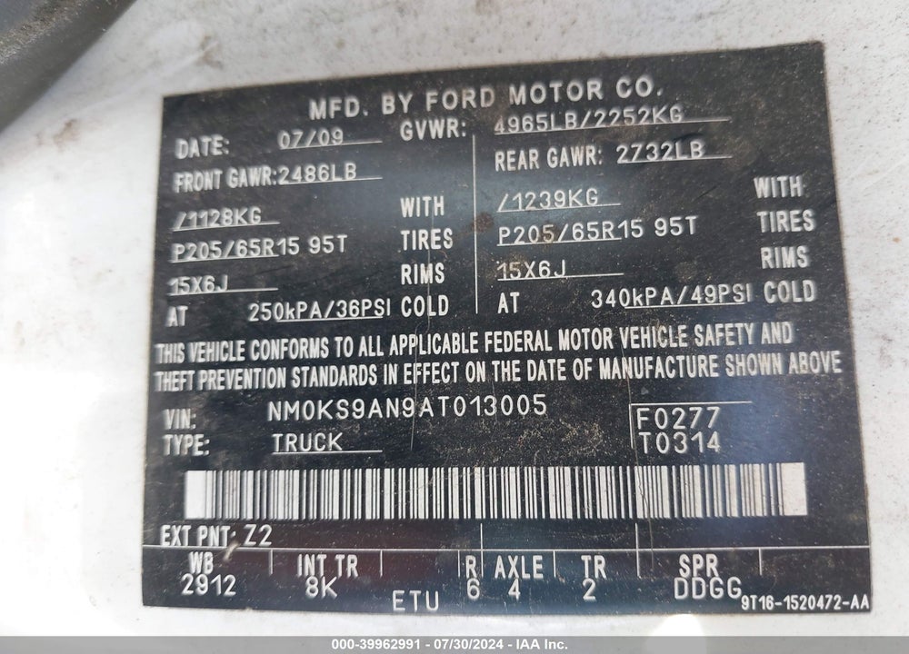 2010 FORD TRANSIT CONNECT VIN: NM0KS9AN9AT013005