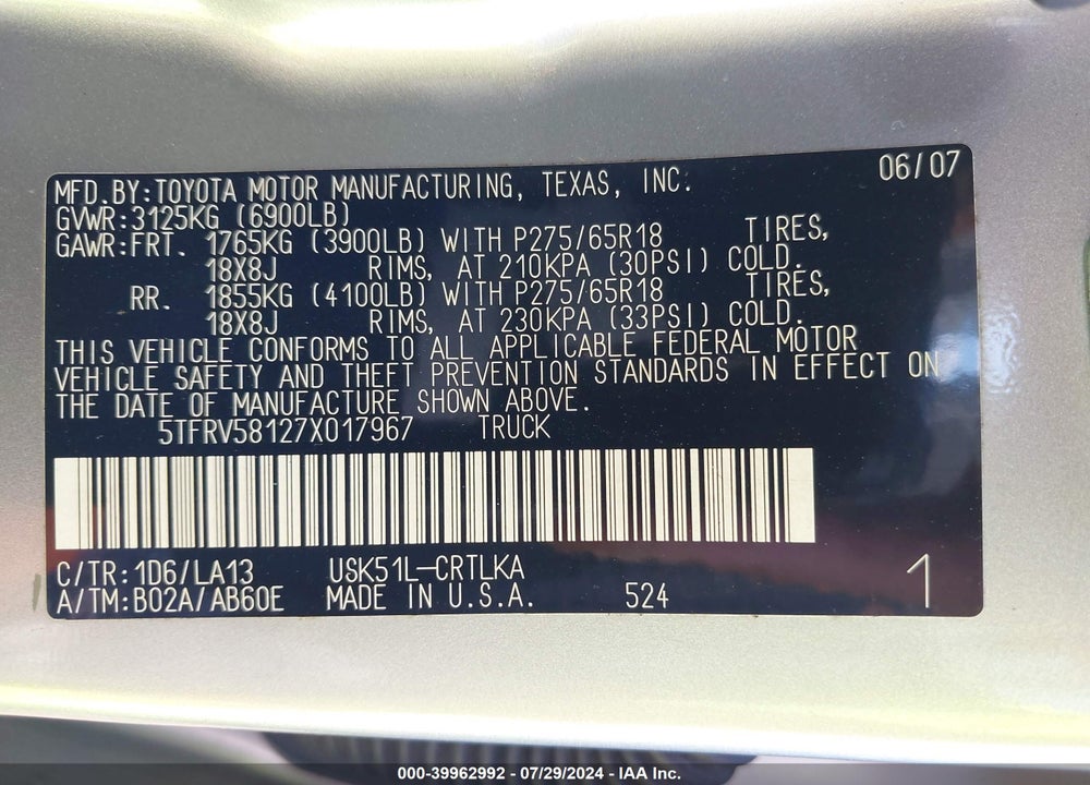 2007 TOYOTA TUNDRA LIMITED 5.7L V8 VIN: 5TFRV58127X017967