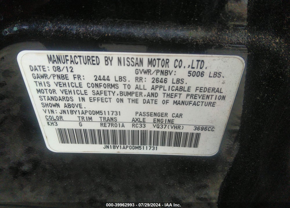 2013 INFINITI M37 VIN: JN1BY1AP0DM511731