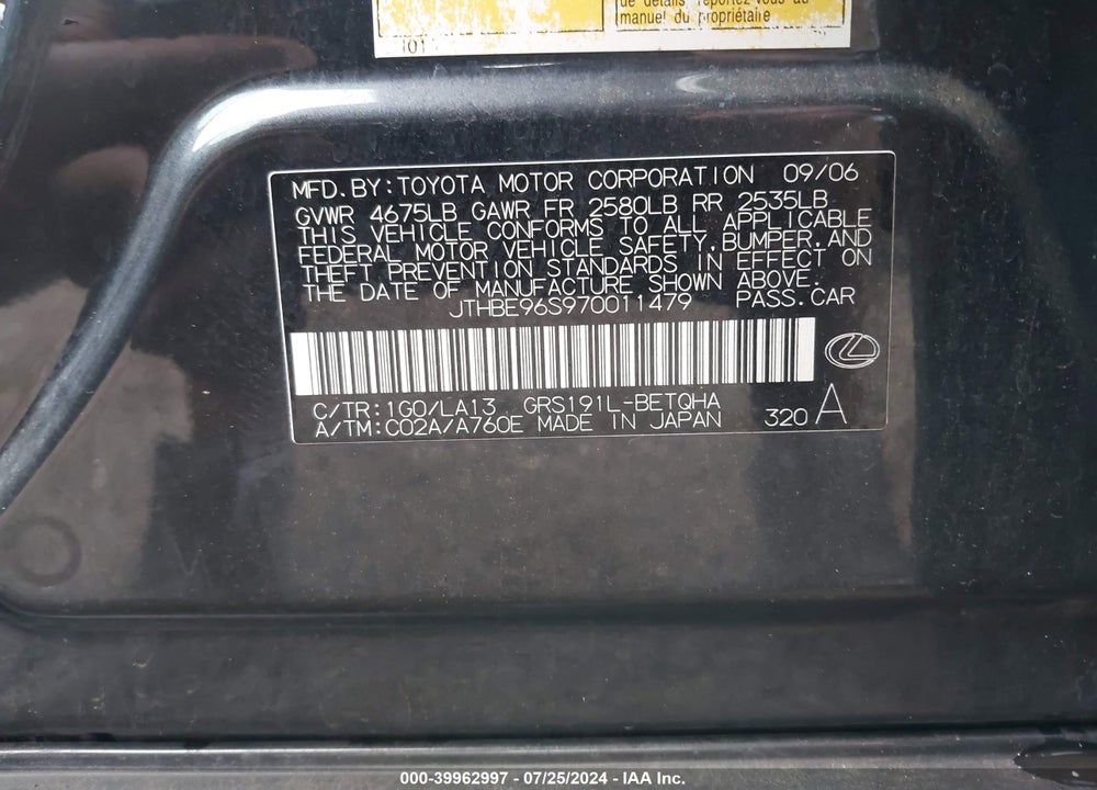 2007 LEXUS GS 350 VIN: JTHBE96S970011479
