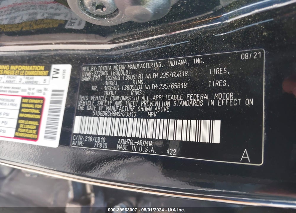 2021 TOYOTA HIGHLANDER HYBRID XLE VIN: 5TDGBRCH6MS533813