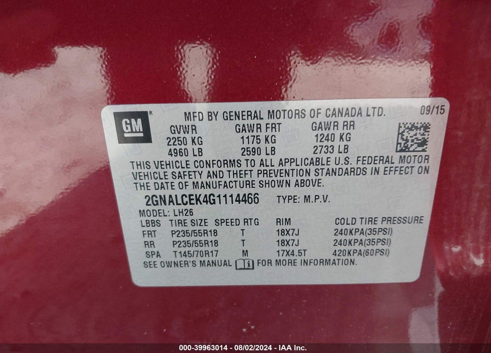 2016 CHEVROLET EQUINOX LT VIN: 2GNALCEK4G1114466