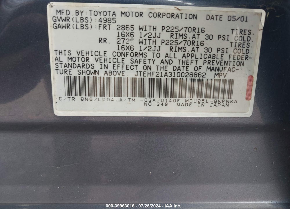 2001 TOYOTA HIGHLANDER VIN: JTEHF21A310028862