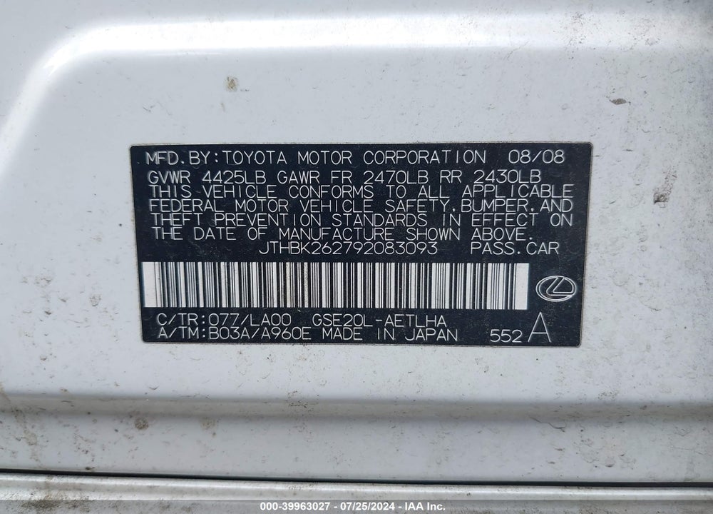 2009 LEXUS IS 250 VIN: JTHBK262792083093