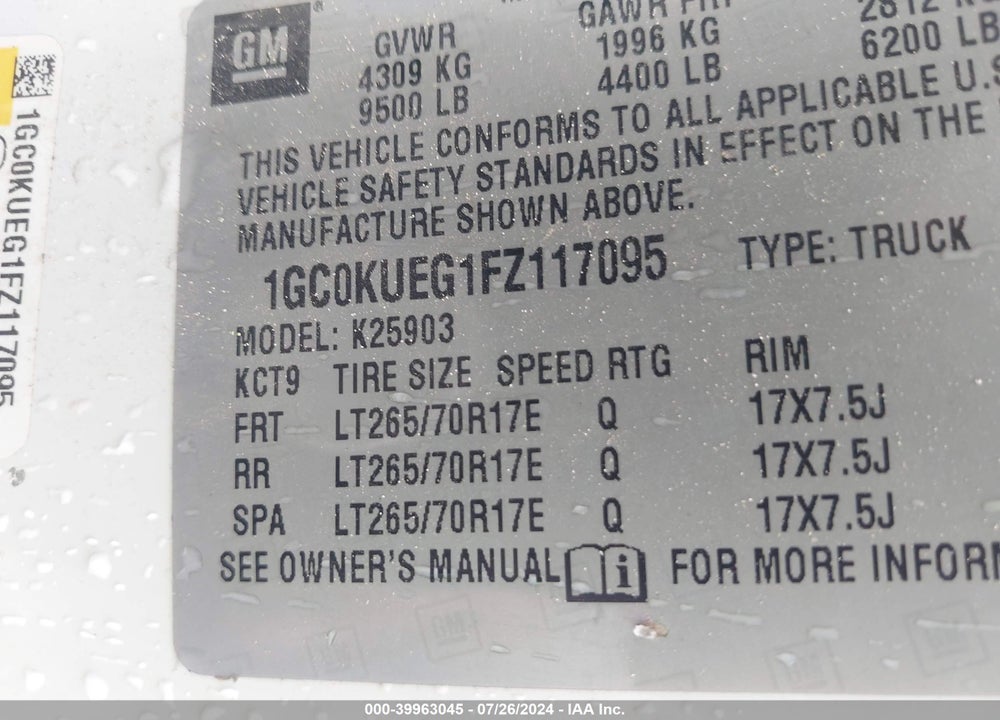 2015 CHEVROLET SILVERADO 2500HD WT VIN: 1GC0KUEG1FZ117095