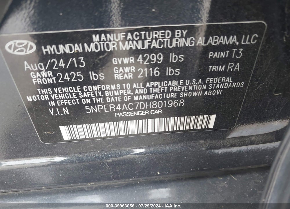 2013 HYUNDAI SONATA GLS VIN: 5NPEB4AC7DH801968
