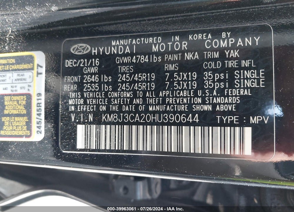 2017 HYUNDAI TUCSON LIMITED VIN: KM8J3CA20HU390644