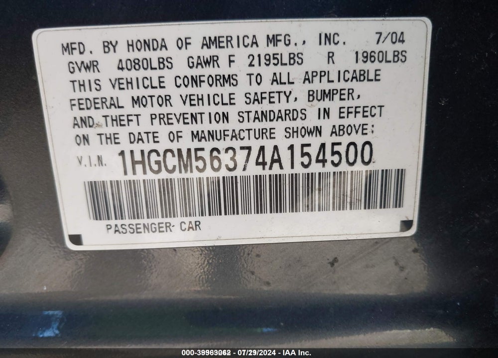 2004 HONDA ACCORD 2.4 LX VIN: 1HGCM56374A154500