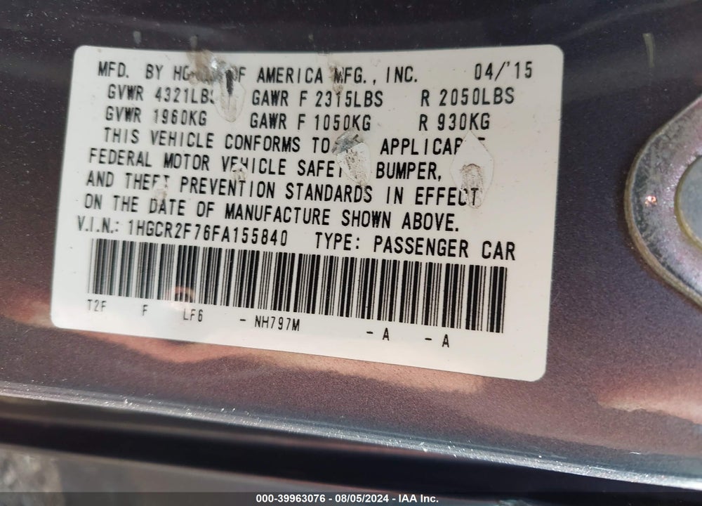 2015 HONDA ACCORD EX VIN: 1HGCR2F76FA155840