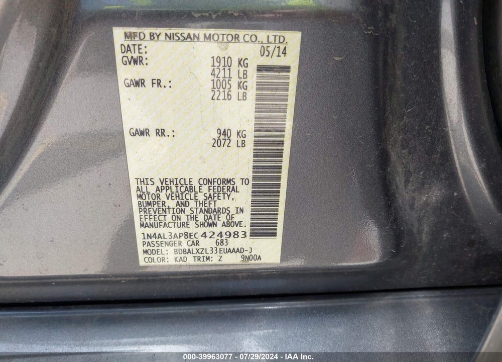 2014 NISSAN ALTIMA 2.5 SL VIN: 1N4AL3AP8EC424983