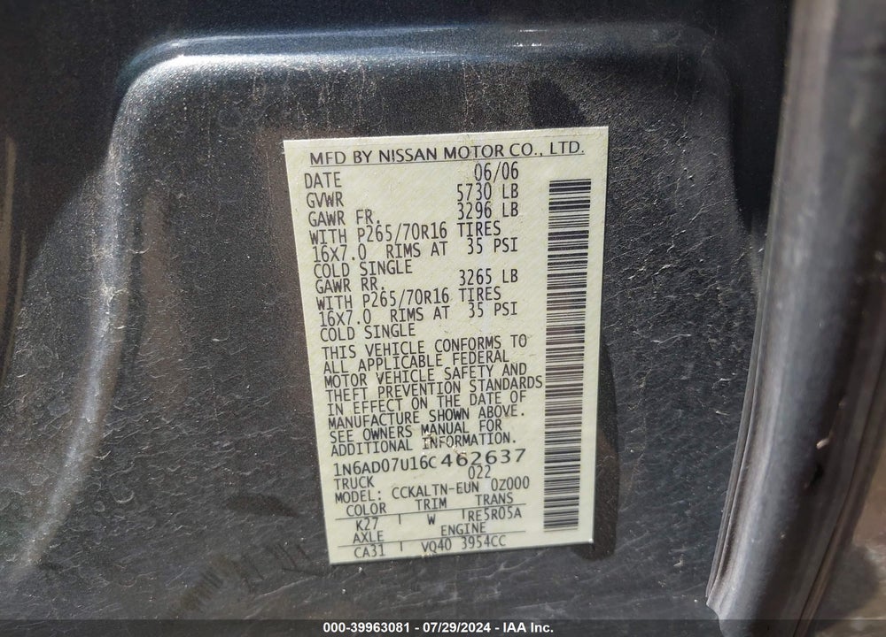 2006 NISSAN FRONTIER SE VIN: 1N6AD07U16C462637