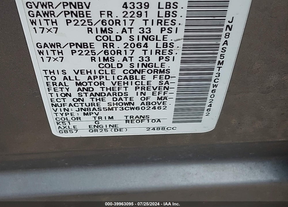 2012 NISSAN ROGUE VIN: JN8AS5MT3CW602462