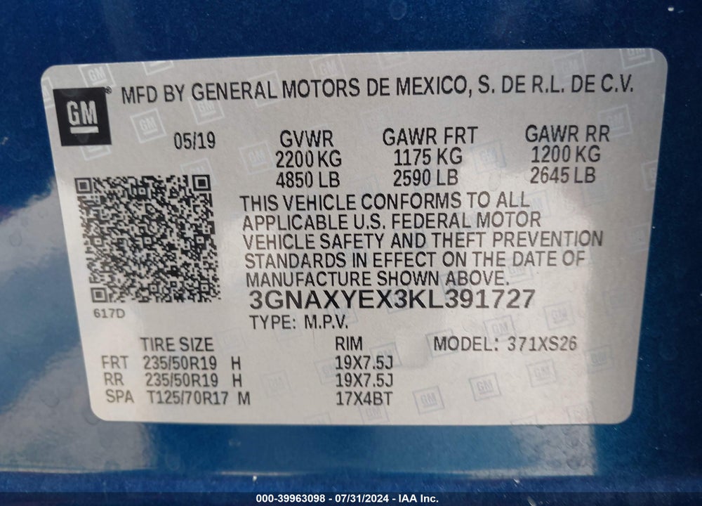 2019 CHEVROLET EQUINOX VIN: 3GNAXYEX3KL391727