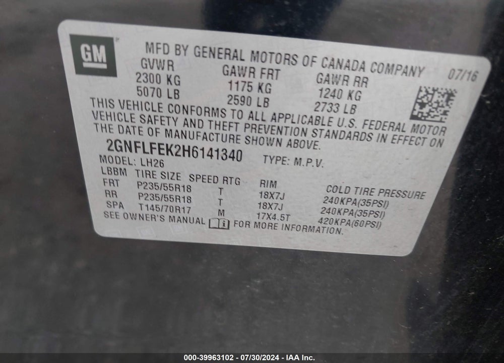 2017 CHEVROLET EQUINOX VIN: 2GNFLFEK2H6141340