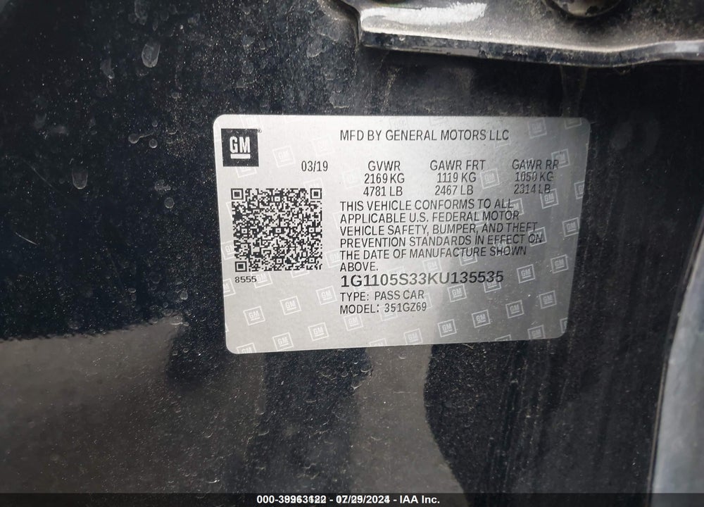 2019 CHEVROLET IMPALA PREMIER VIN: 1G1105S33KU135535