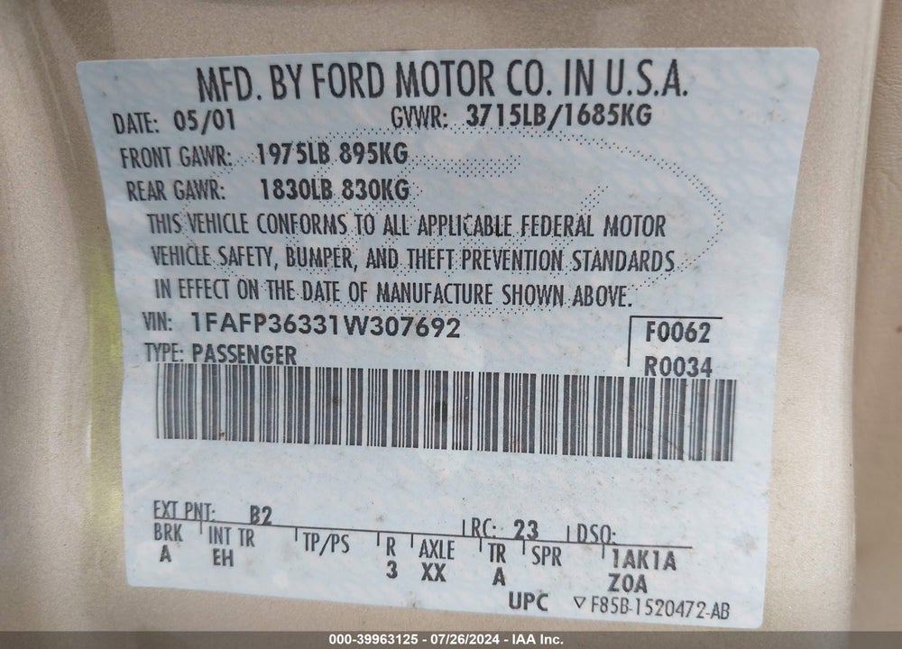 2001 FORD FOCUS SE VIN: 1FAFP36331W307692