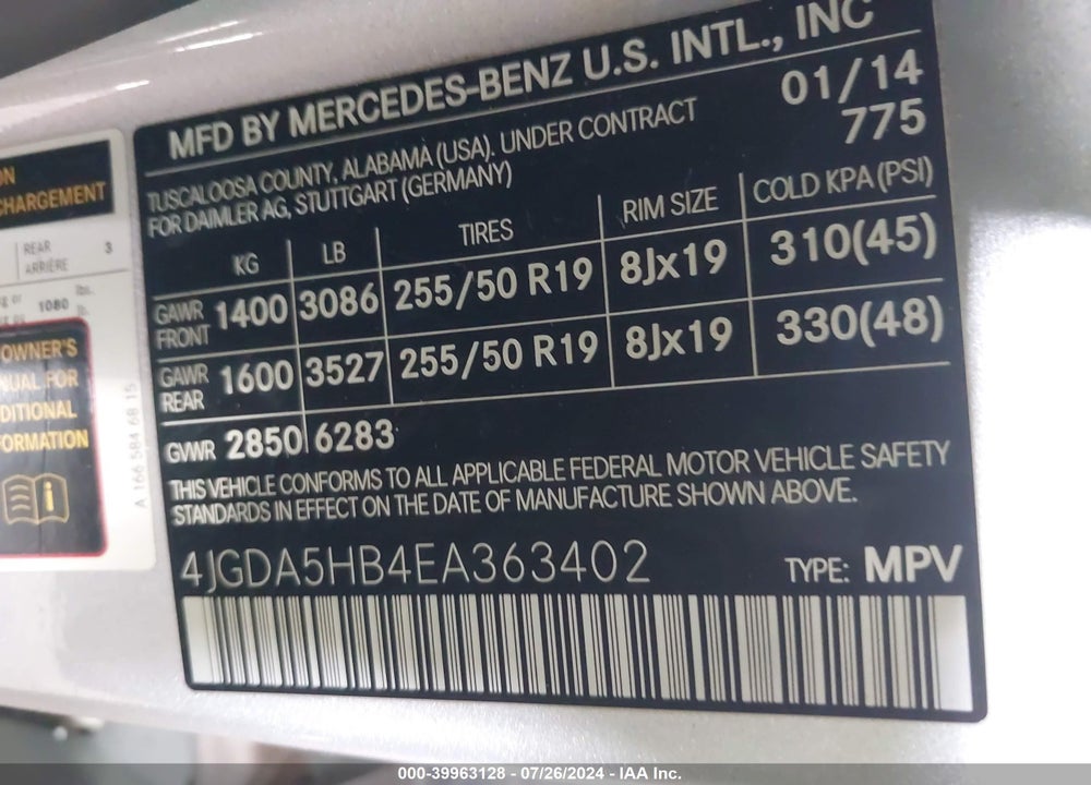 2014 MERCEDES-BENZ ML 350 4MATIC VIN: 4JGDA5HB4EA363402