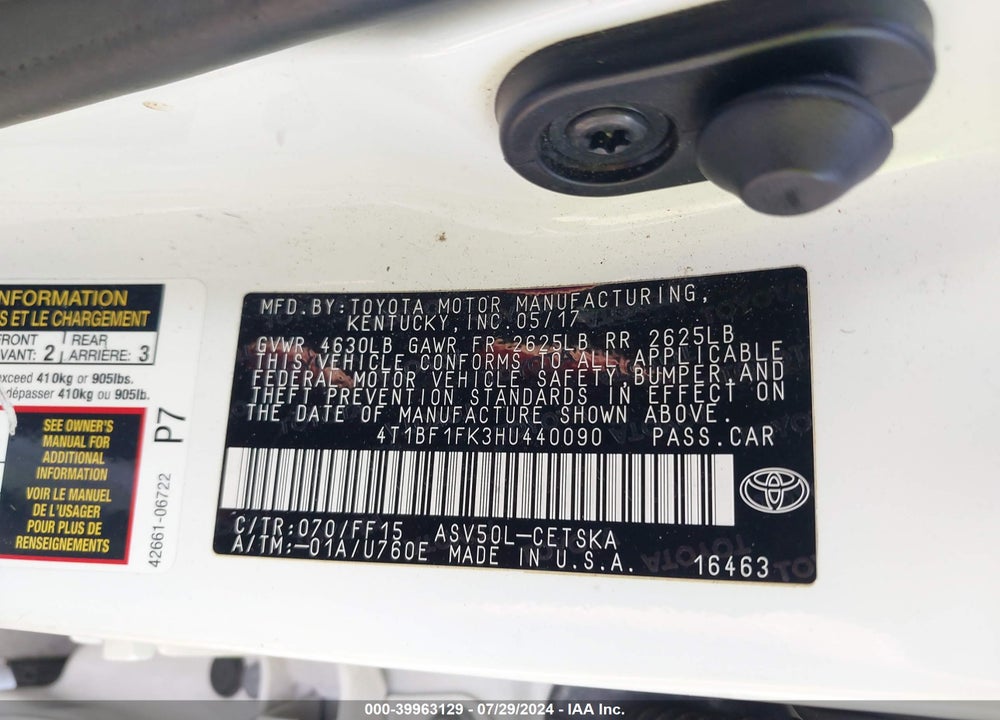 2017 TOYOTA CAMRY SE VIN: 4T1BF1FK3HU440090
