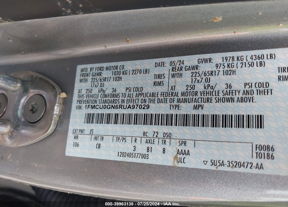 2024 FORD ESCAPE ACTIVE VIN: 1FMCU0GN6RUA97029