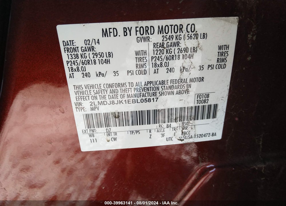 2014 LINCOLN MKX VIN: 2LMDJ8JK1EBL05817