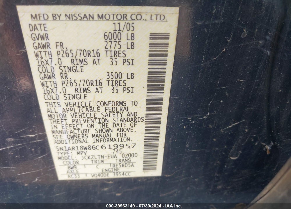 2006 NISSAN PATHFINDER SE VIN: 5N1AR18W86C619957
