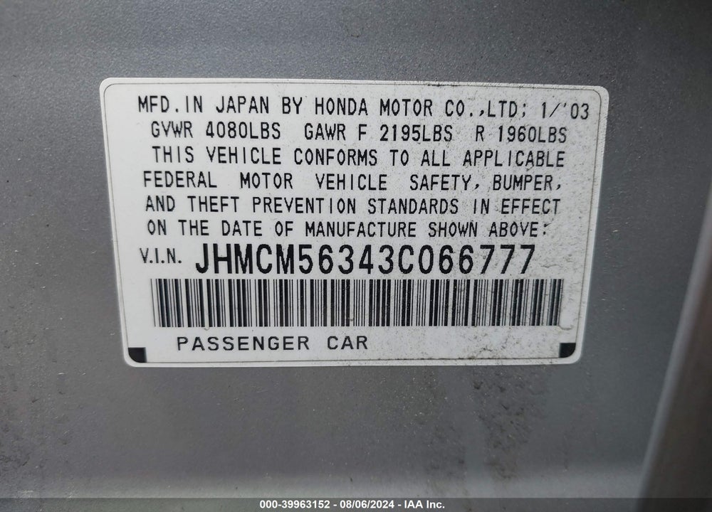 2003 HONDA ACCORD 2.4 LX VIN: JHMCM56343C066777