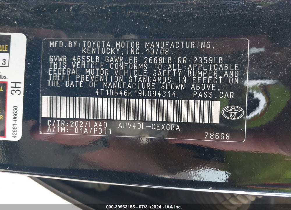2009 TOYOTA CAMRY HYBRID VIN: 4T1BB46K19U094314