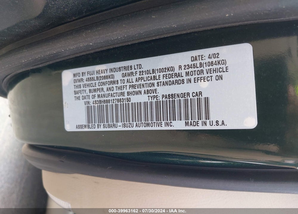 2002 SUBARU OUTBACK LIMITED VIN: 4S3BH686127663150
