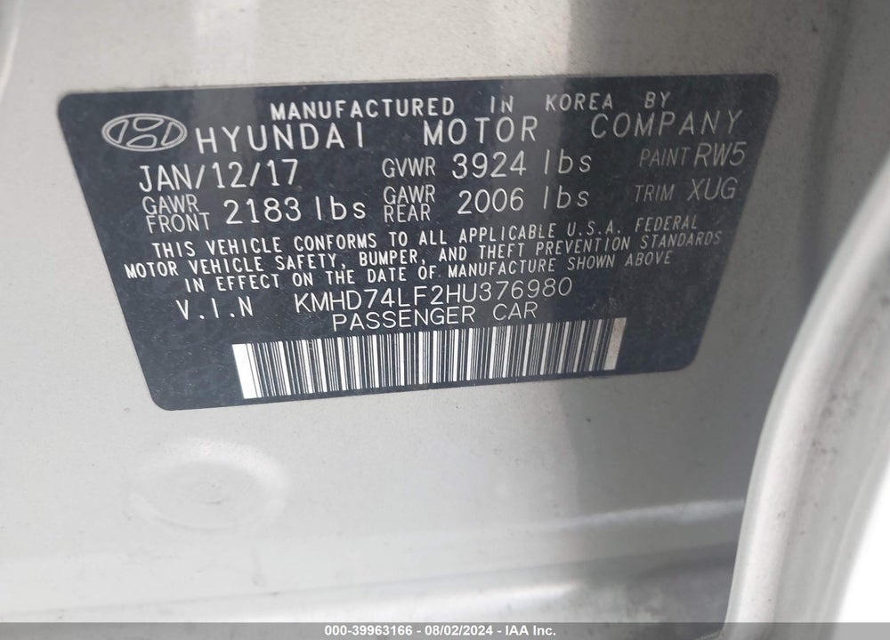 2017 HYUNDAI ELANTRA SE VIN: KMHD74LF2HU376980