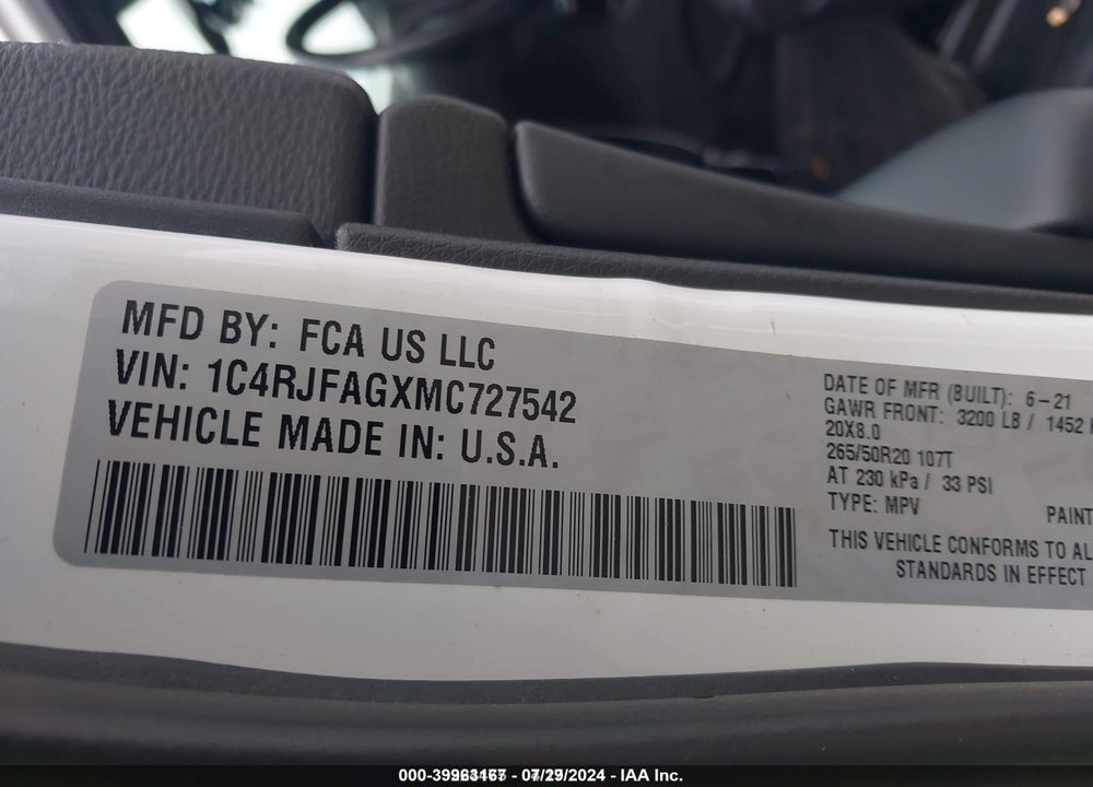 2021 JEEP GRAND CHEROKEE LAREDO X 4X4 VIN: 1C4RJFAGXMC727542