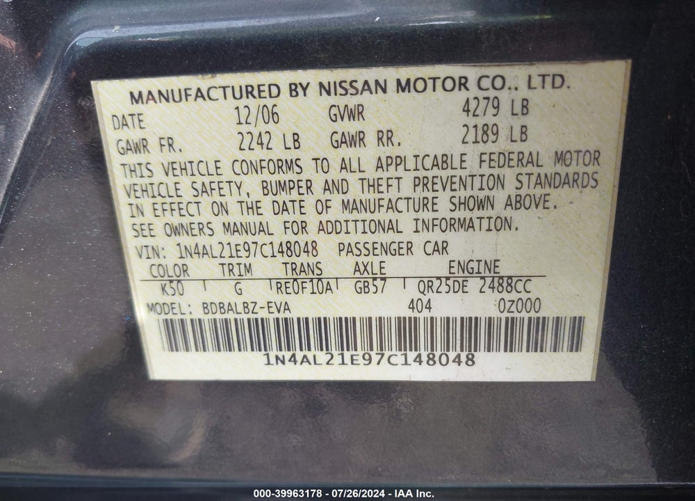 2007 NISSAN ALTIMA 2.5 S VIN: 1N4AL21E97C148048