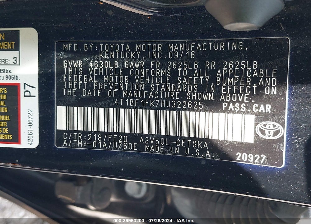 2017 TOYOTA CAMRY SE VIN: 4T1BF1FK7HU322625