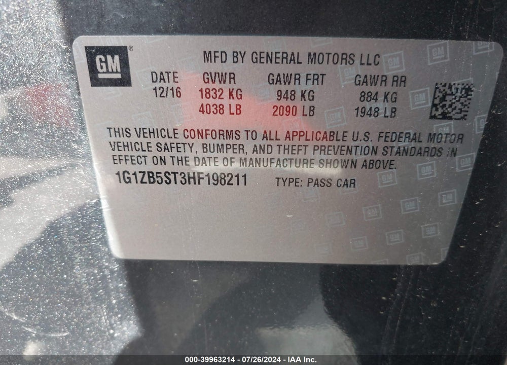 2017 CHEVROLET MALIBU LS VIN: 1G1ZB5ST3HF198211