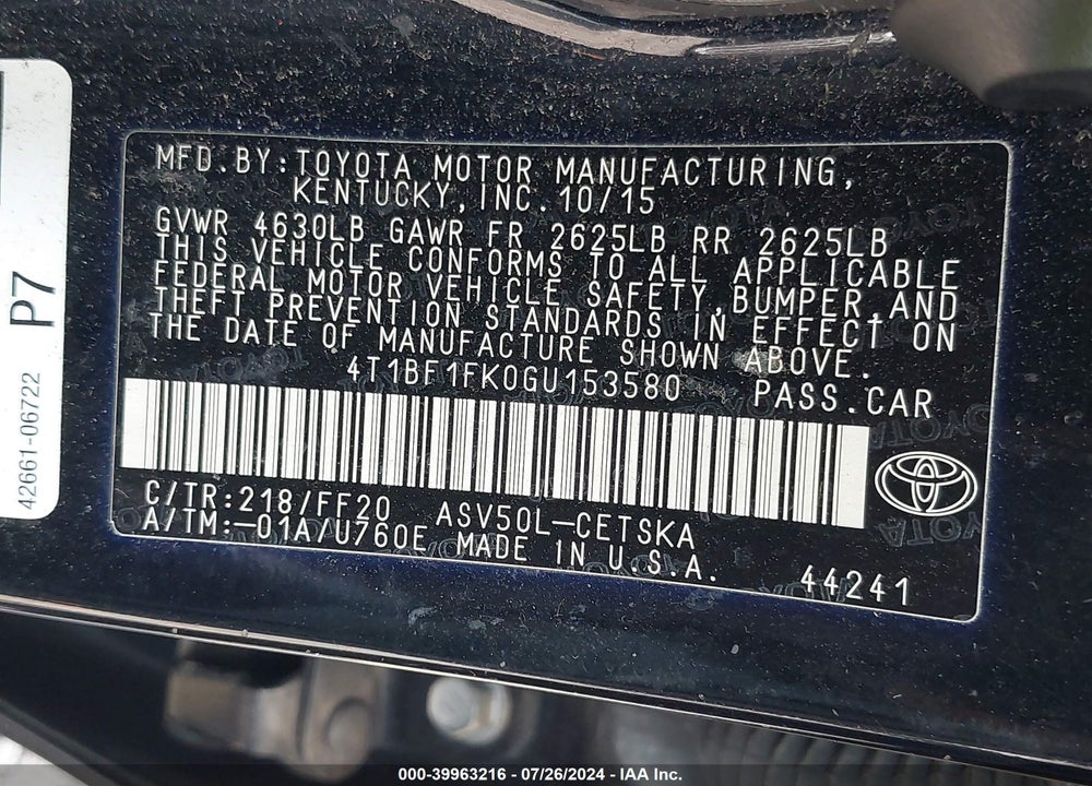 2016 TOYOTA CAMRY SE VIN: 4T1BF1FK0GU153580