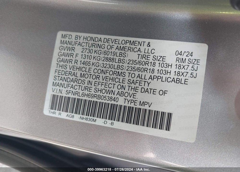 2024 HONDA ODYSSEY EX-L VIN: 5FNRL6H69RB053840