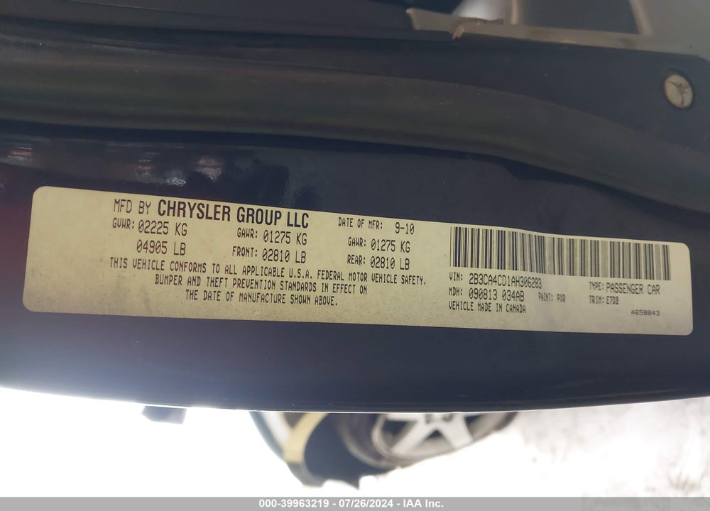 2010 DODGE CHARGER VIN: 2B3CA4CD1AH306283