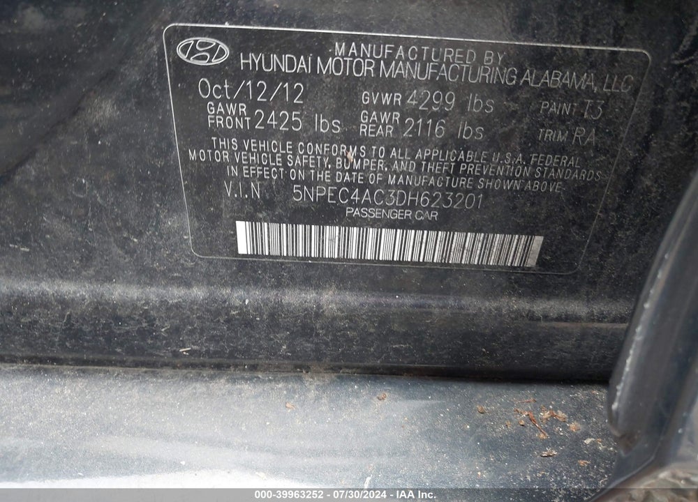 2013 HYUNDAI SONATA SE VIN: 5NPEC4AC3DH623201