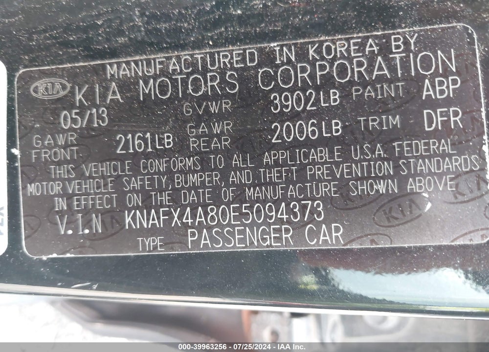 2014 KIA FORTE EX VIN: KNAFX4A80E5094373