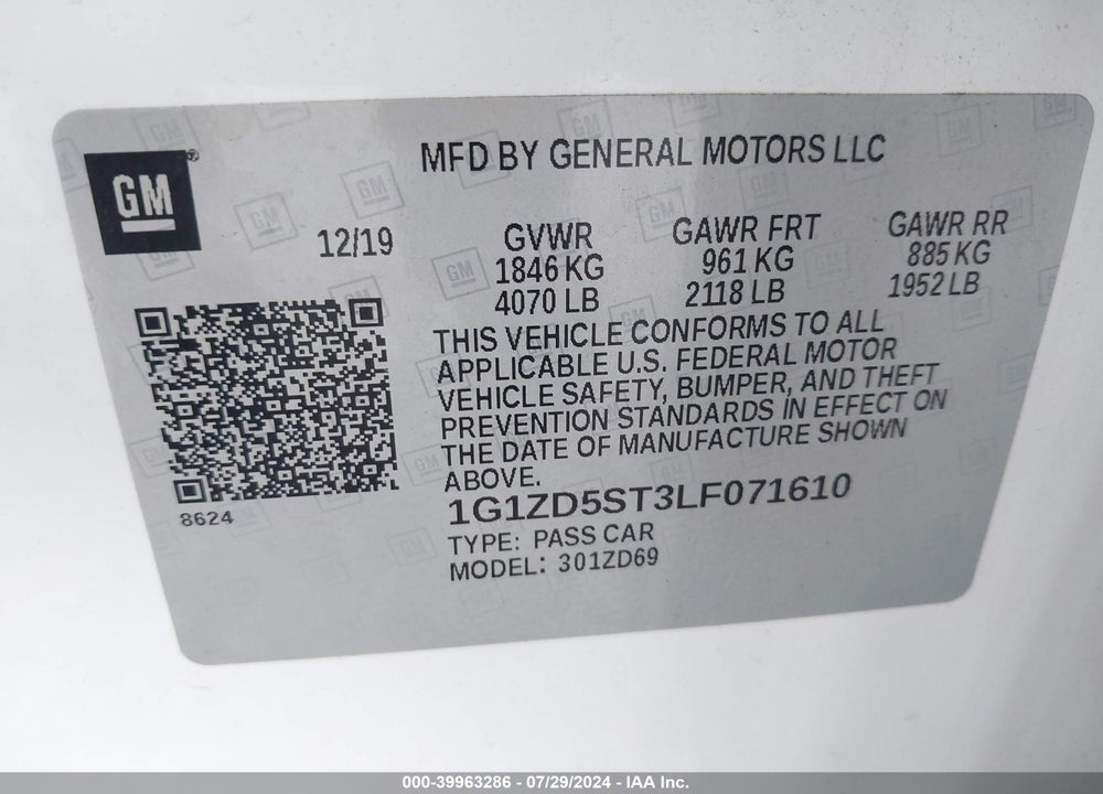 2020 CHEVROLET MALIBU FWD LT VIN: 1G1ZD5ST3LF071610