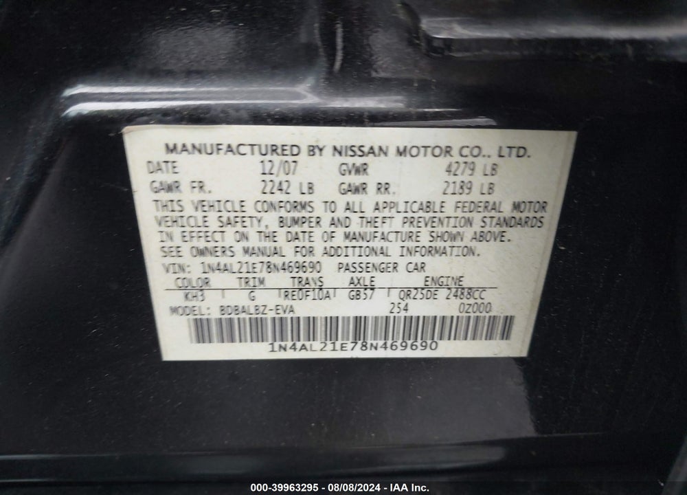 2008 NISSAN ALTIMA VIN: 1N4AL21E78N469690