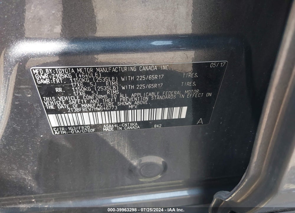 2017 TOYOTA RAV4 LE VIN: 2T3BFREV7HW646773