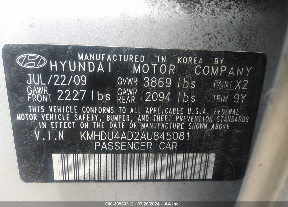 2010 HYUNDAI ELANTRA GLS VIN: KMHDU4AD2AU845081