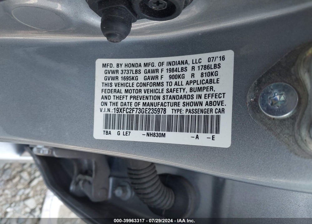 2016 HONDA CIVIC EX VIN: 19XFC2F73GE235978