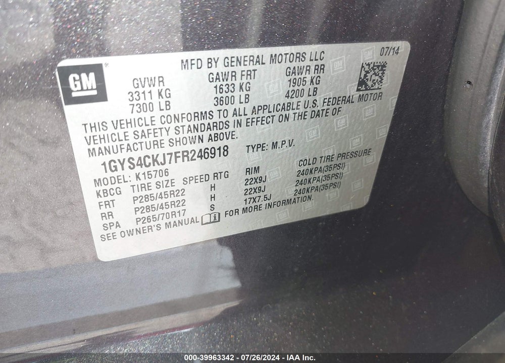 2015 CADILLAC ESCALADE PREMIUM VIN: 1GYS4CKJ7FR246918