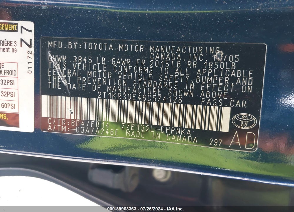 2006 TOYOTA MATRIX/XR VIN: 2T1KR30E46C574126