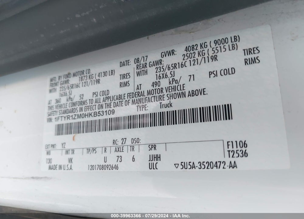 2017 FORD TRANSIT-250 VIN: 1FTYR1ZM0HKB53109