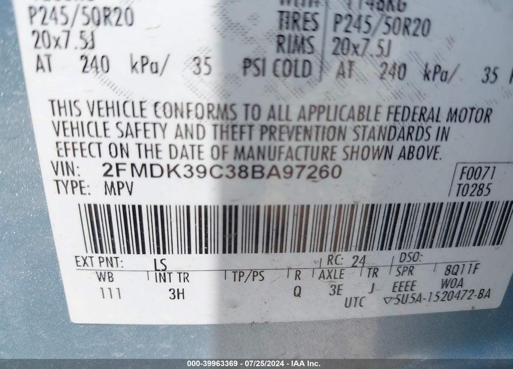 2008 FORD EDGE LIMITED VIN: 2FMDK39C38BA97260